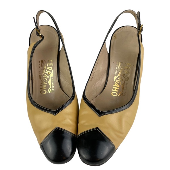 Vintage Salvatore Ferragamo Sling-back Black Tan Career Heels 8B Made In Italy - Picture 10 of 15
